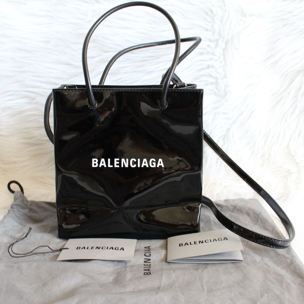 Balenciaga Black Patent Leather XXS Shopping Tote Crossbody Bag New